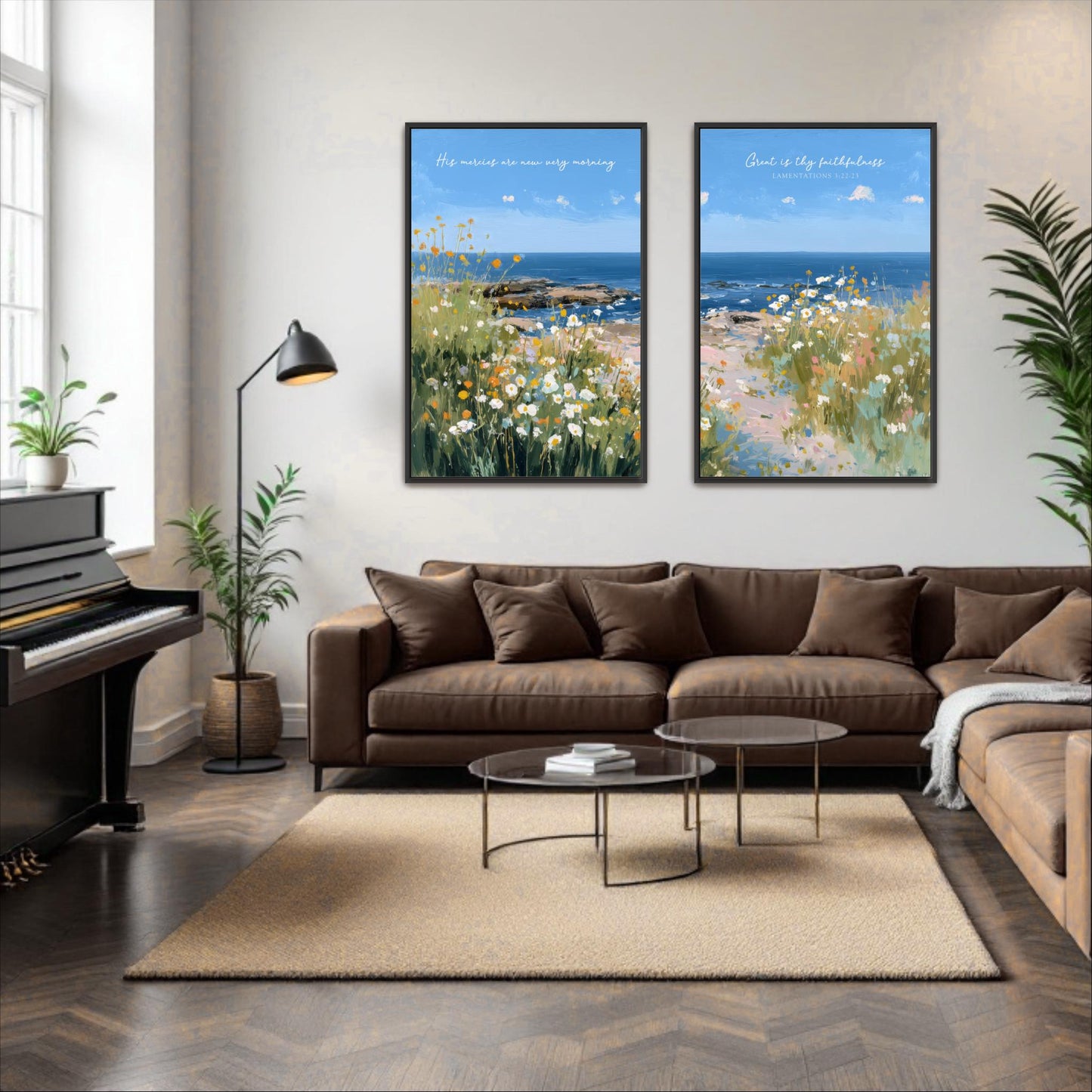 a cozy living room with a brown sofa, a glass coffee table, and a piano. The room is decorated with two framed paintings of a beach scene, and there are potted plants and a lamp adding to the warm and inviting atmosphere.