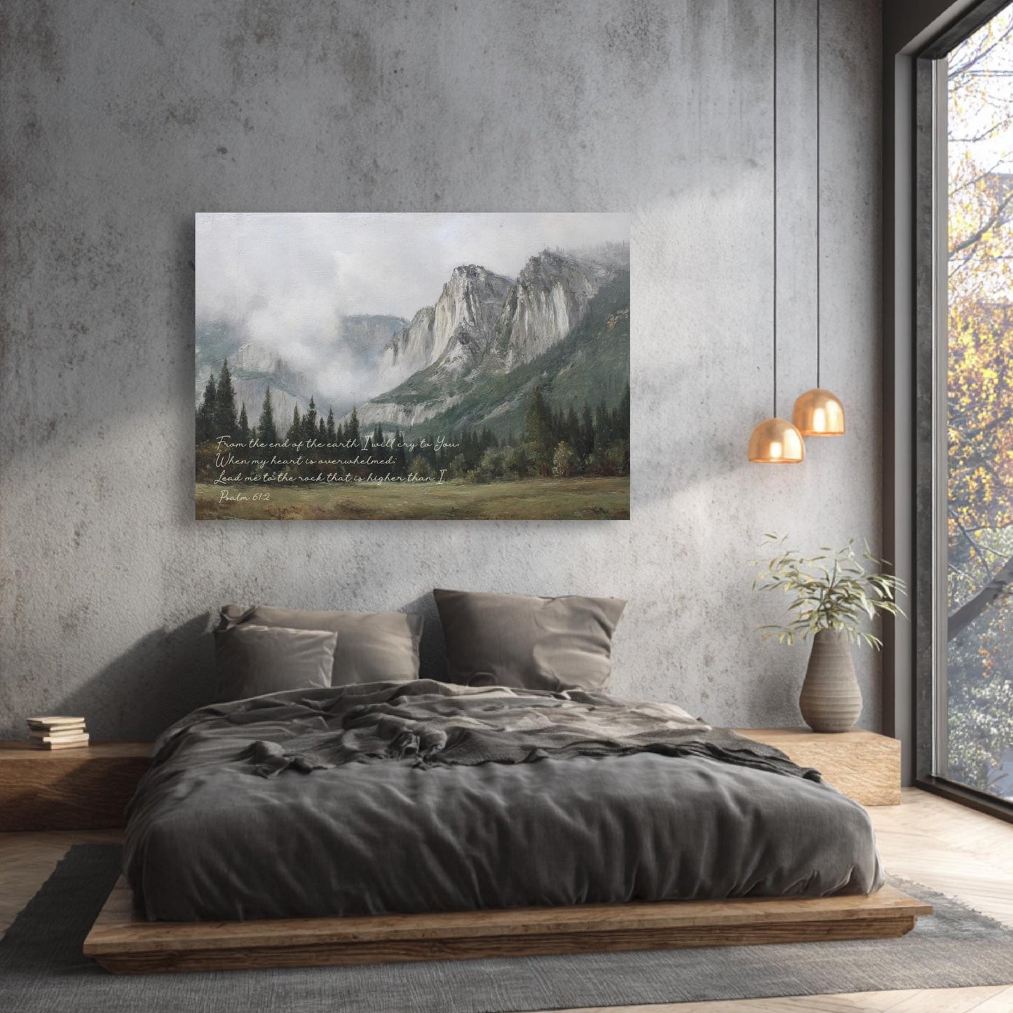 a serene bedroom scene with a large bed, a painting of a mountain landscape, and a window overlooking the outdoors.