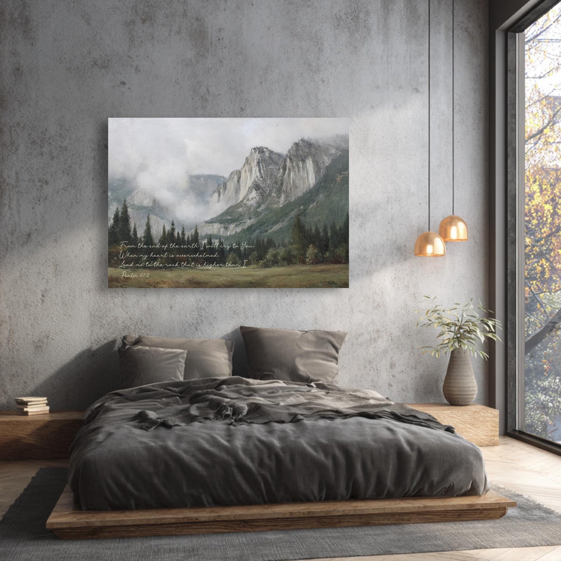 a serene bedroom scene with a large bed, a painting of a mountain landscape, and a window overlooking the outdoors.