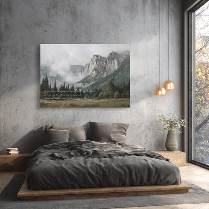 a serene bedroom scene with a large bed, a painting of a mountain landscape, and a window overlooking the outdoors.