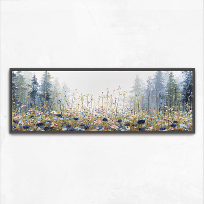 A framed painting depicting a field of wildflowers with tall trees in the background, creating a serene and natural landscape.