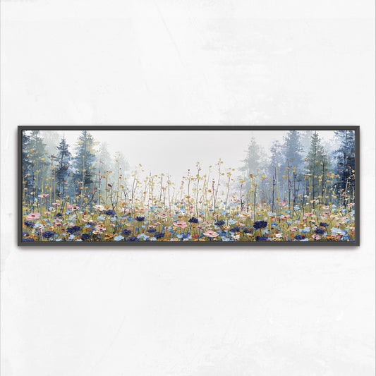 A framed painting depicting a field of wildflowers with tall trees in the background, creating a serene and natural landscape.
