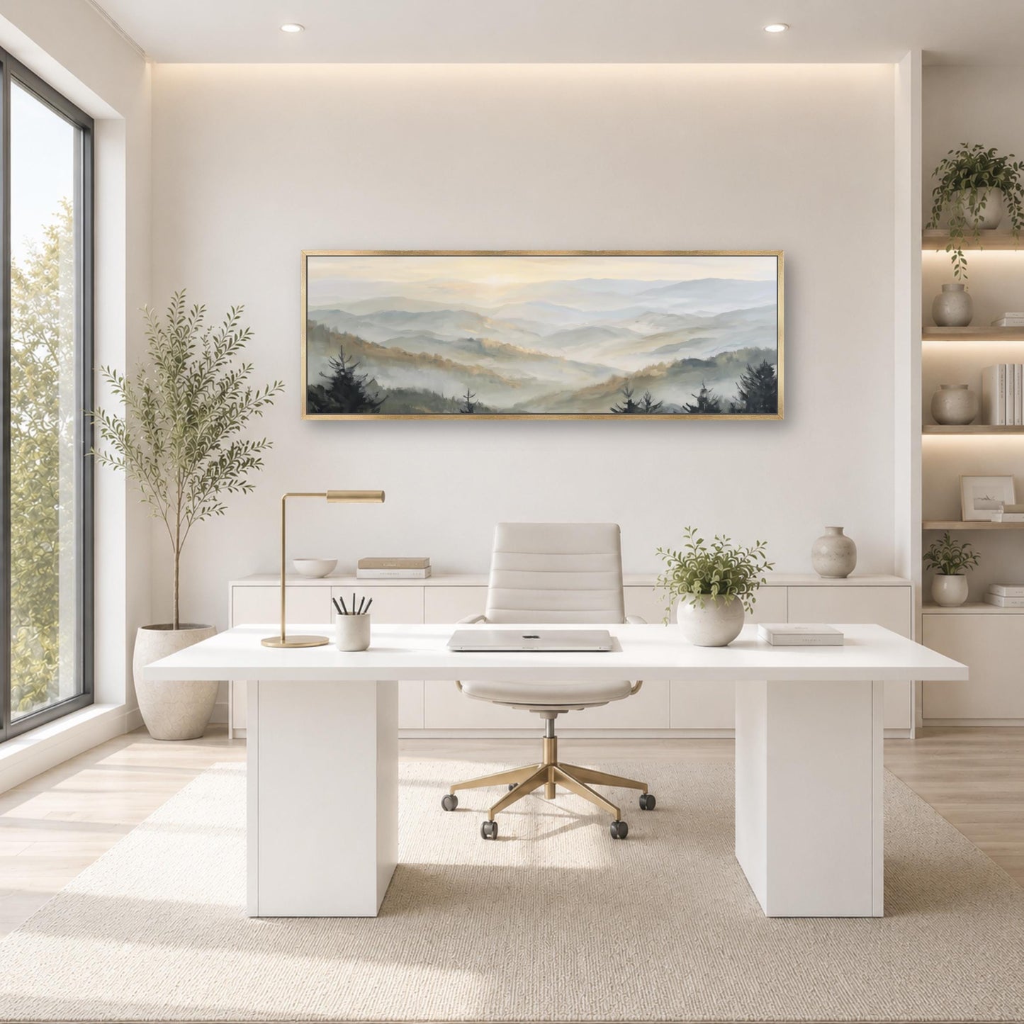 a modern, minimalist office space with a large window overlooking a scenic landscape. The office features a white desk with a computer, a comfortable white chair, and a large framed landscape painting on the wall. The room is decorated with potted plants and other natural elements, creating a serene and calming atmosphere.