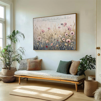 a living room with a large floral painting hanging on the wall above a wooden bench with pillows. The room is decorated with potted plants and a rug, creating a cozy and inviting atmosphere.