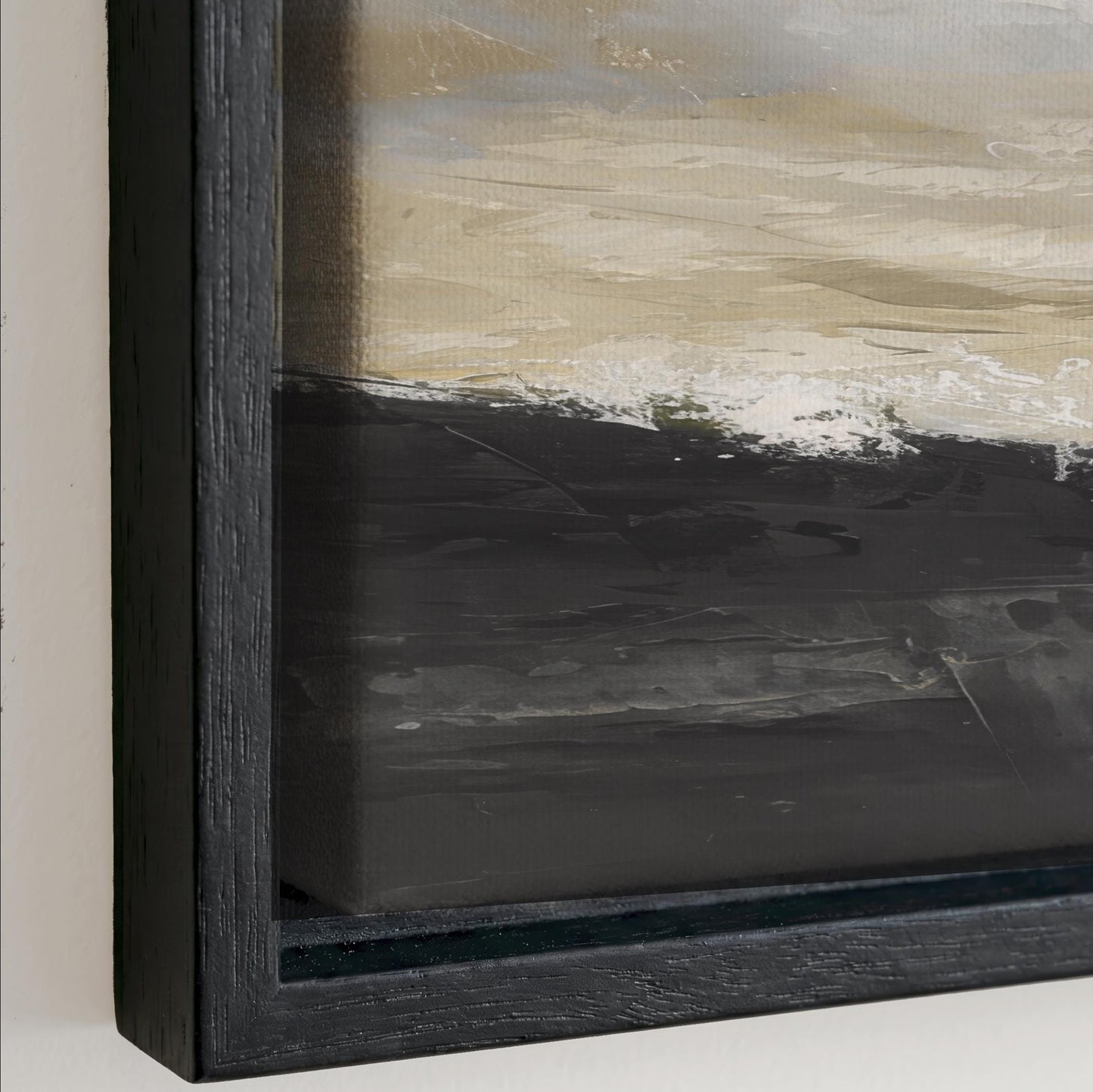 The image is a framed painting depicting a landscape with a dark background and a lighter sky.