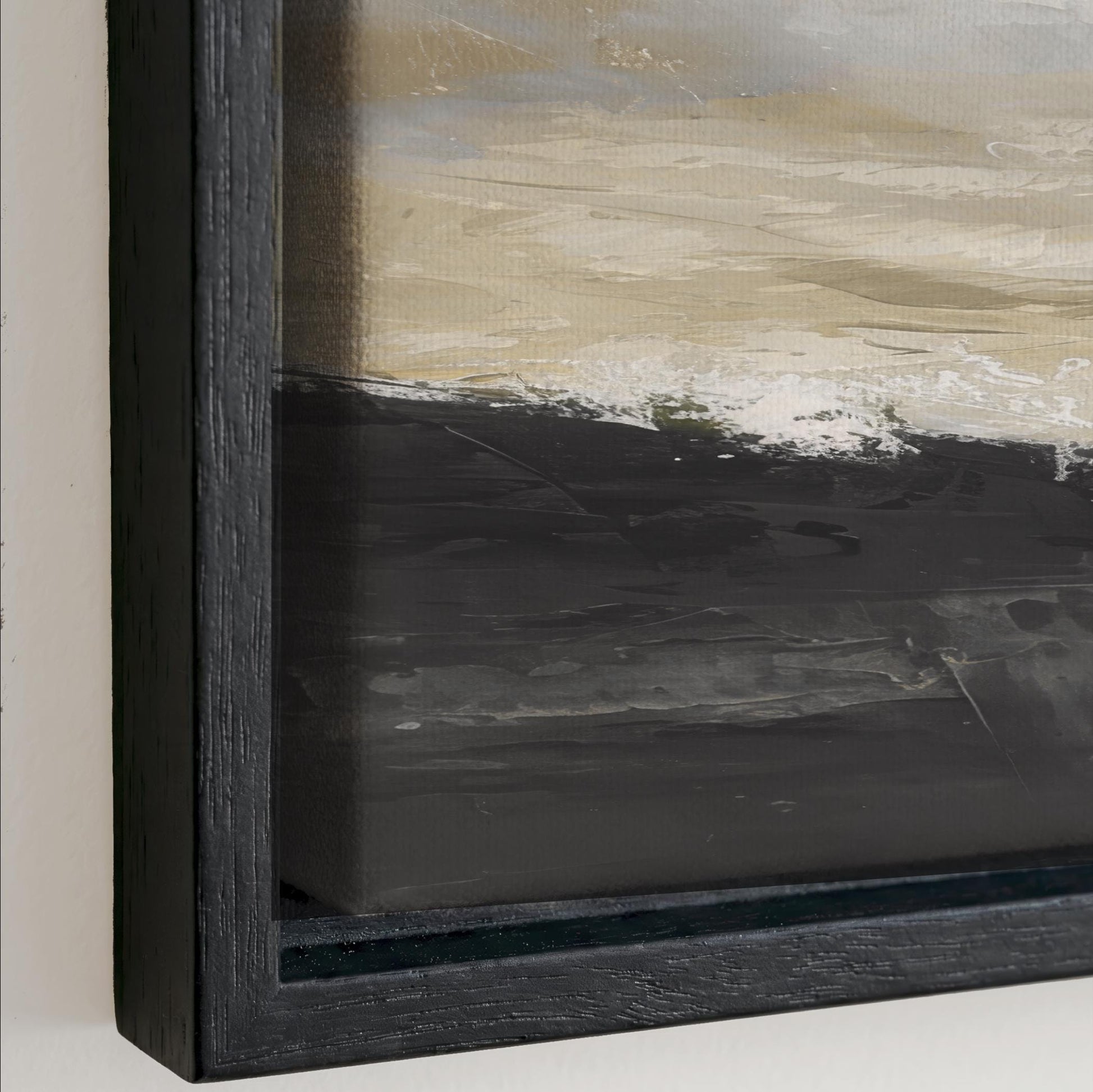 The image is a framed painting depicting a landscape with a dark background and a lighter sky.