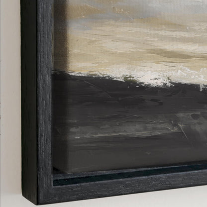 The image is a framed painting depicting a landscape with a dark background and a lighter sky.