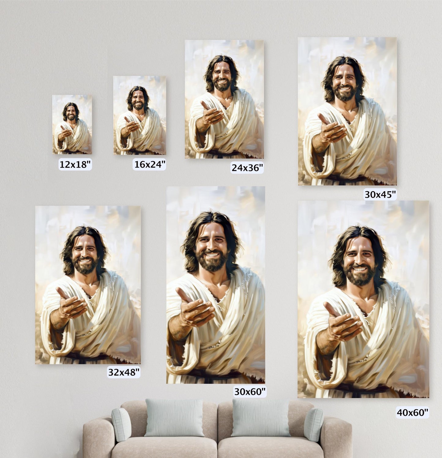 a series of six identical paintings or photographs of Jesus Christ, each varying in size and orientation. The paintings are arranged in a grid-like pattern on a wall, with each one being a different size, ranging from 12x18" to 30x60". The paintings are all of the same style and depict the same person, Jesus Christ, in a similar pose and expression.