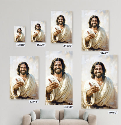 a series of six identical paintings or photographs of Jesus Christ, each varying in size and orientation. The paintings are arranged in a grid-like pattern on a wall, with each one being a different size, ranging from 12x18" to 30x60". The paintings are all of the same style and depict the same person, Jesus Christ, in a similar pose and expression.