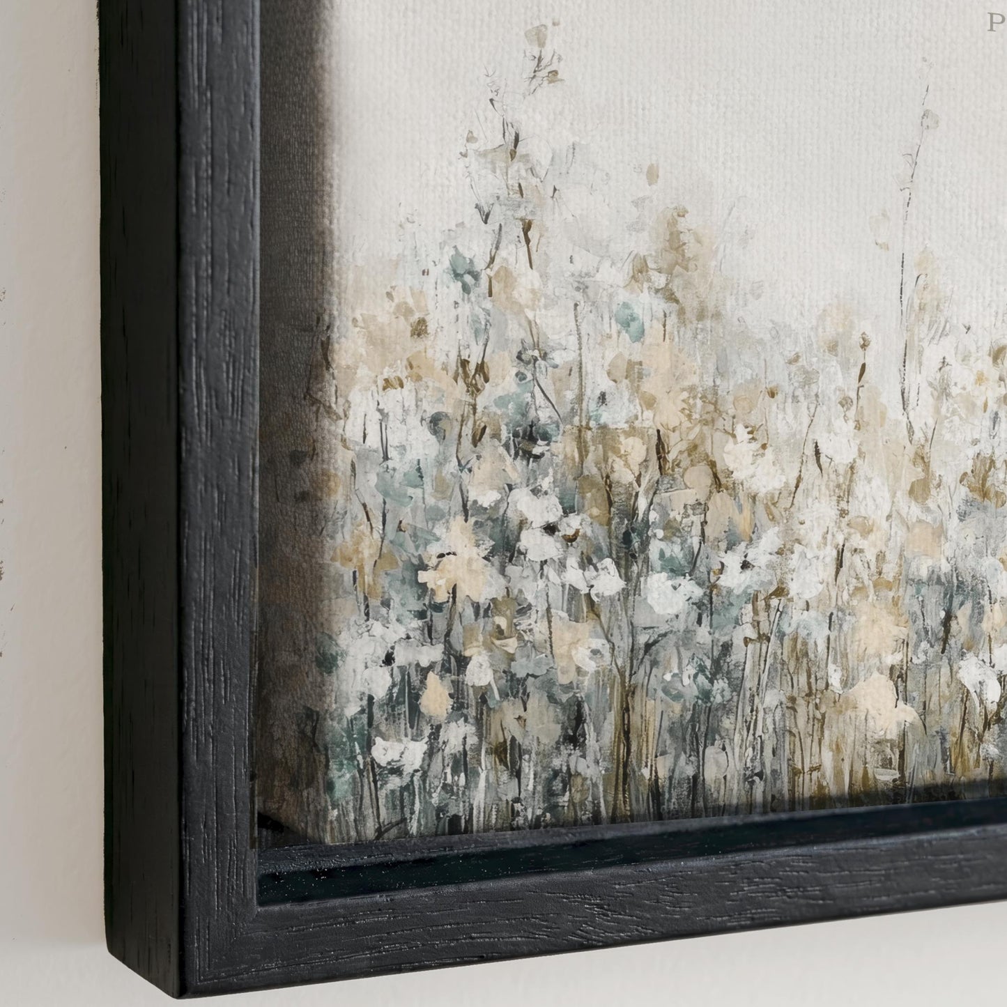 The image is a framed painting depicting a field of flowers with a mix of white, green, and gray colors.