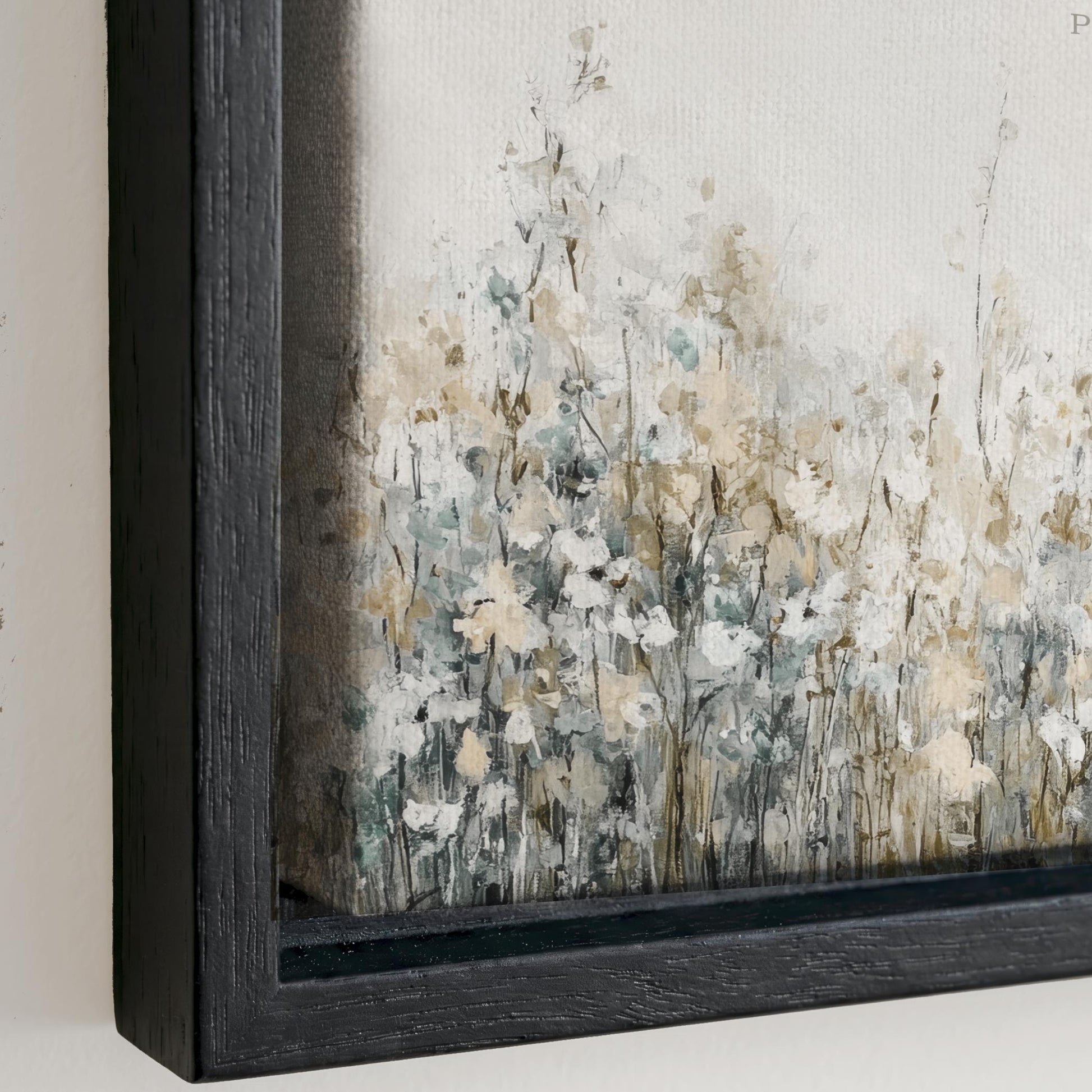 The image is a framed painting depicting a field of flowers with a mix of white, green, and gray colors.