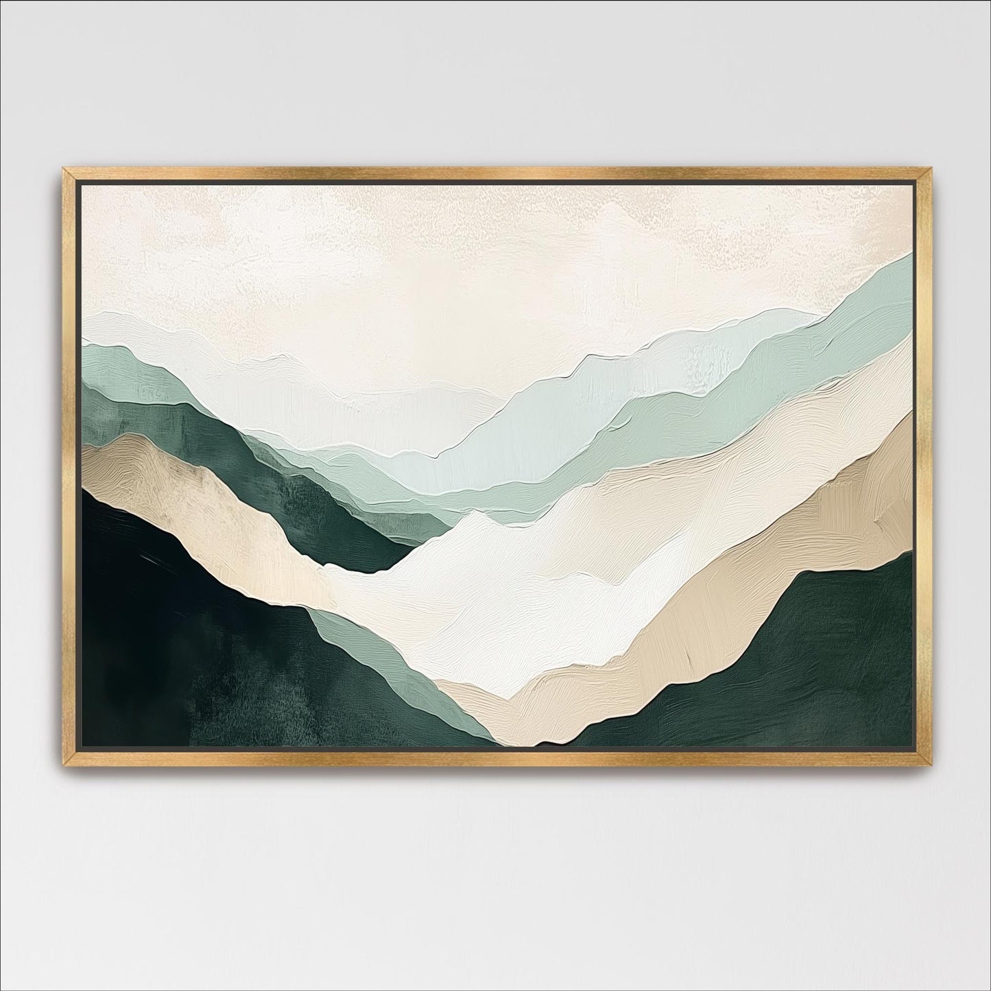 The image is a framed painting depicting a landscape with mountains in various shades of green and beige.