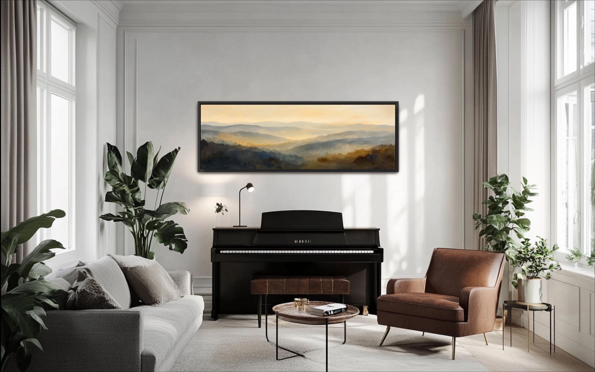 A modern living room with a piano, a sofa, and a chair, all decorated with plants and a large landscape painting on the wall.