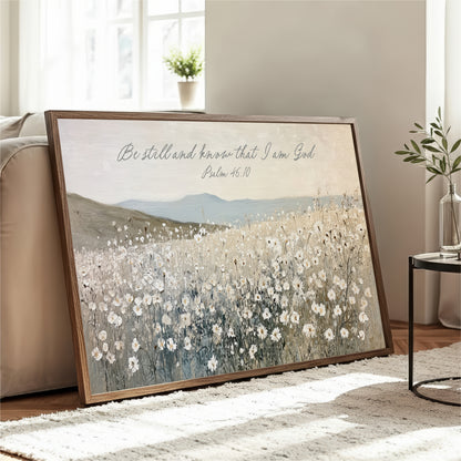 A framed painting of a field of flowers is displayed on a wooden stand in a living room, with a potted plant and a vase nearby.