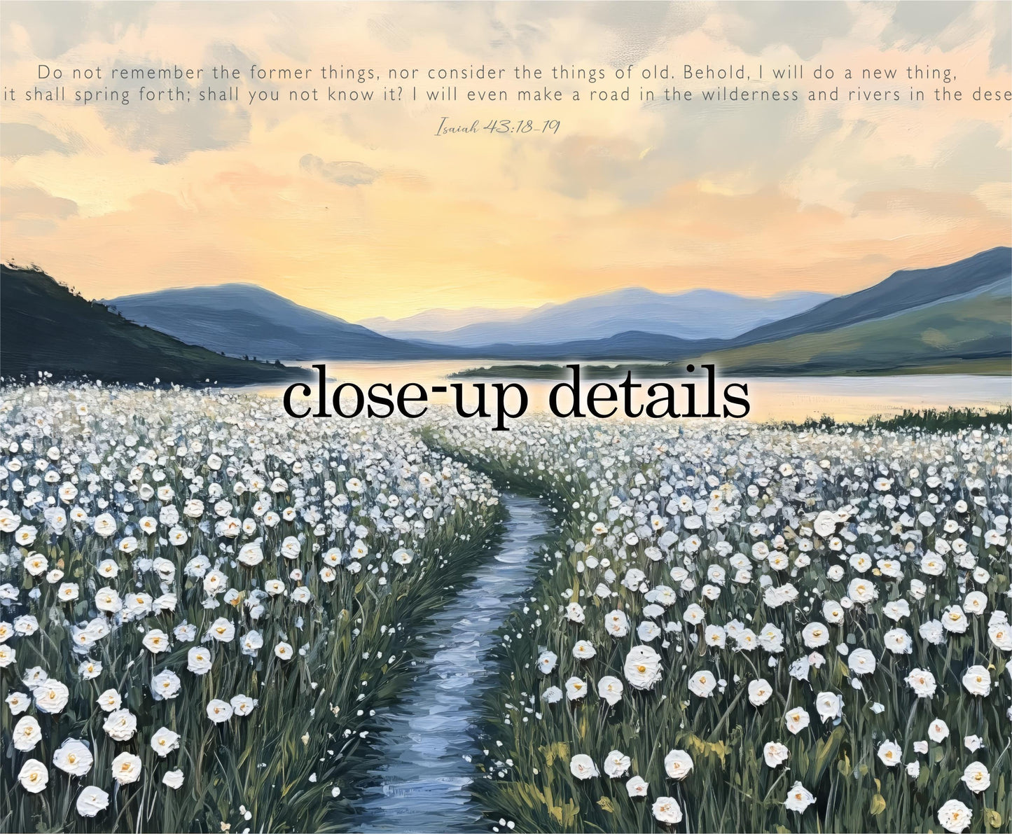 a serene landscape with a winding path leading through a field of white flowers, set against a backdrop of mountains and a clear sky.