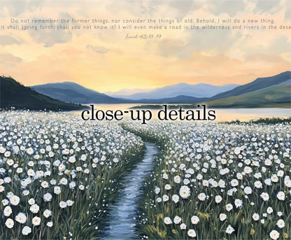 a serene landscape with a winding path leading through a field of white flowers, set against a backdrop of mountains and a clear sky.