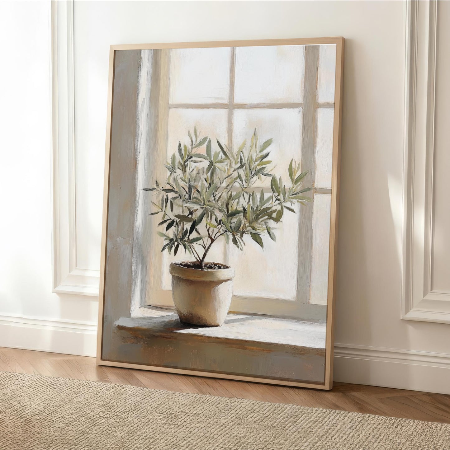 A painting of a potted olive tree placed on a windowsill, with a white window frame and a beige rug in the foreground.