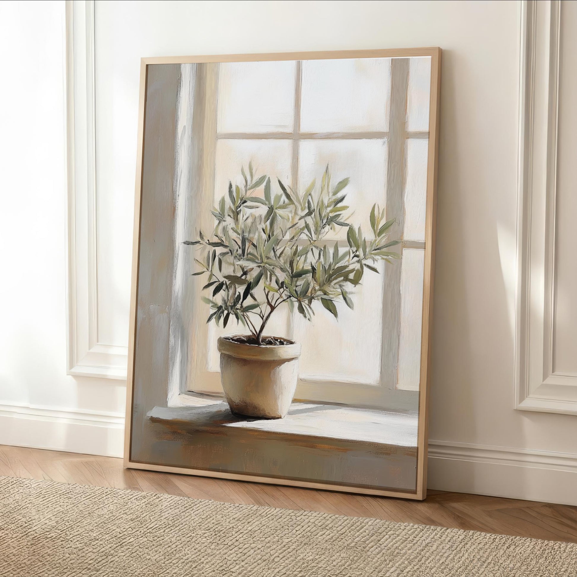 A painting of a potted olive tree placed on a windowsill, with a white window frame and a beige rug in the foreground.