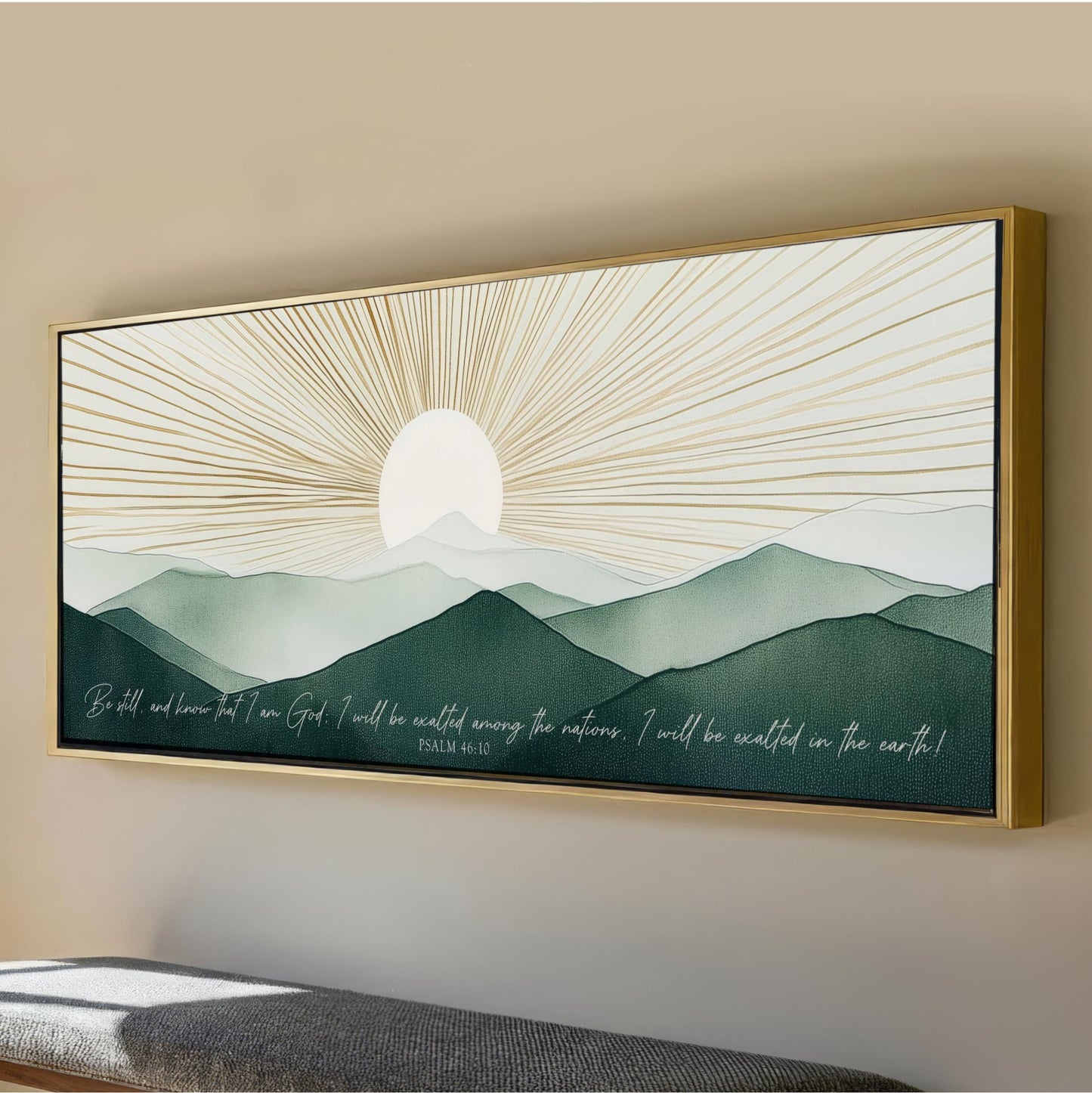 The image is a framed artwork depicting a serene landscape with mountains and a sun rising over the horizon. The text below the artwork reads "Be still and know that I am God. I will be exalted among the nations. I will be exalted on the earth!"