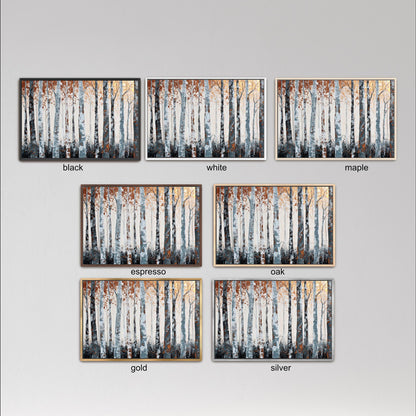 six different framed paintings of trees, each with a different color and frame style. The paintings are arranged in a grid format, with three paintings in each row and two in each column. The paintings are labeled with the color of the frame and the type of the painting, such as black, white, maple, espresso, oak, and gold.
