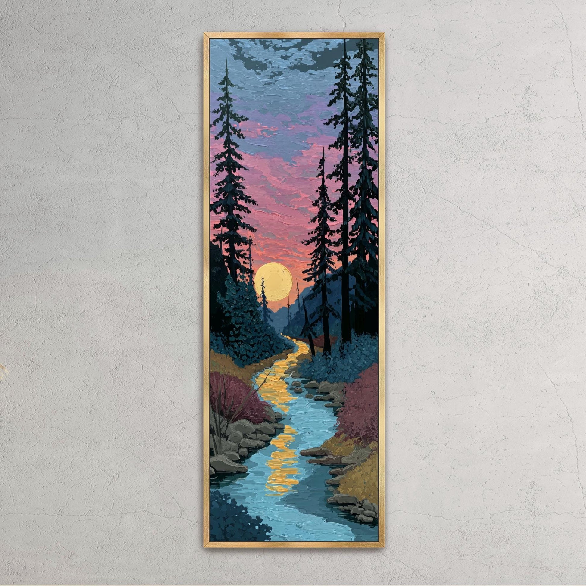 A painting of a forest scene with a river flowing through it, depicting a sunset over the landscape.