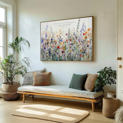 a living room with a large painting of a field of colorful flowers hanging on the wall above a wooden bench with pillows. The room is decorated with potted plants and a rug, creating a cozy and inviting atmosphere.