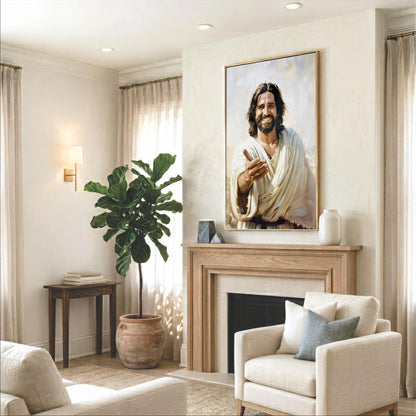 a living room with a large painting of Jesus Christ hanging on the wall above a fireplace. The room is furnished with a sofa, a chair, and a potted plant, creating a cozy and inviting atmosphere.