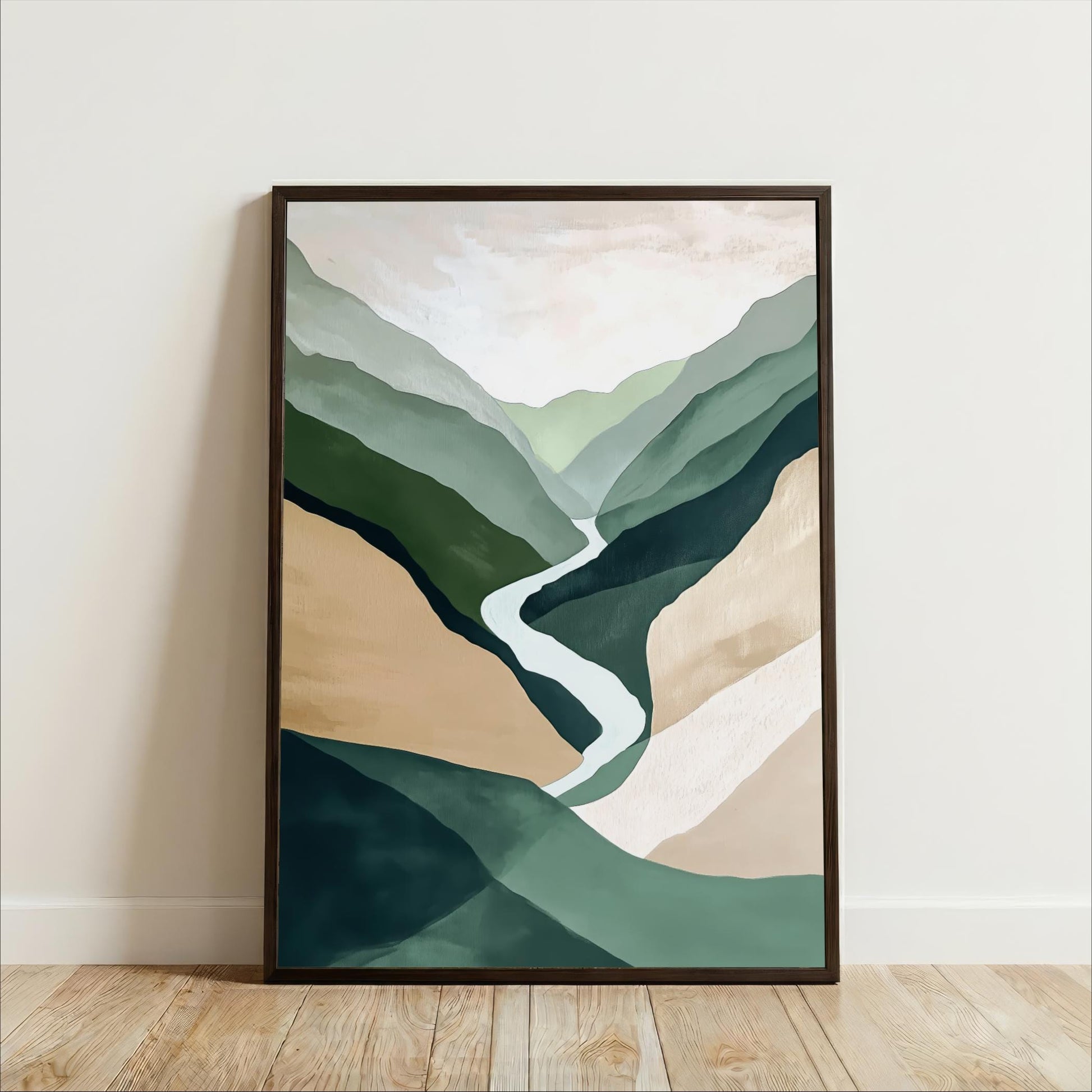 The image is a framed abstract painting depicting a mountain landscape with a winding path through the mountains.