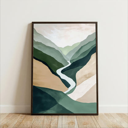 The image is a framed abstract painting depicting a mountain landscape with a winding path through the mountains.