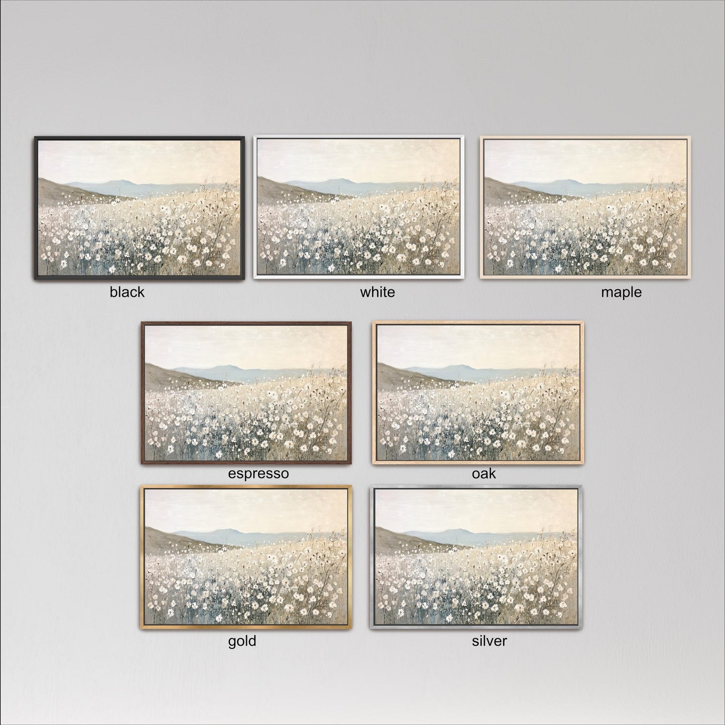 six different framed pictures of a field of flowers, each with a different color frame. The pictures are arranged in a grid format, with three pictures in each row and two pictures in each column.