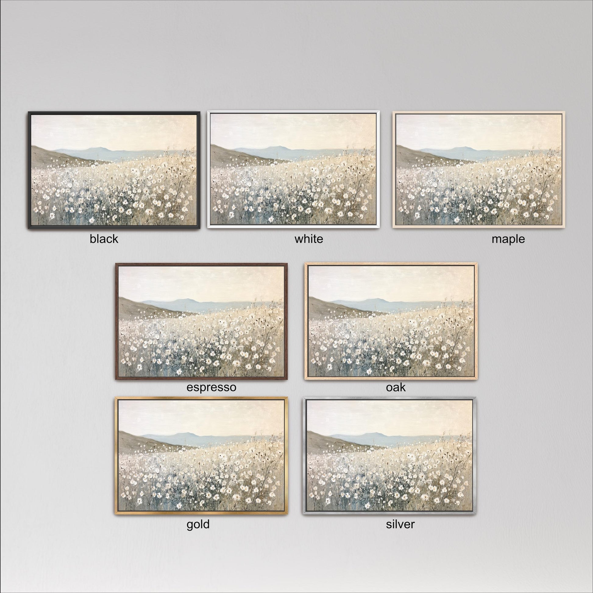 six different framed pictures of a field of flowers, each with a different color frame. The pictures are arranged in a grid format, with three pictures in each row and two pictures in each column.