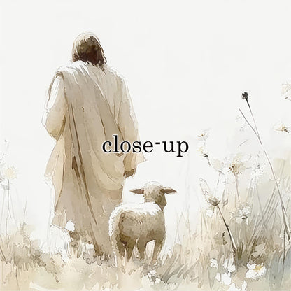 a shepherd walking with his sheep in a field, with the text "close-up" overlaid on the scene.