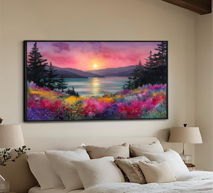 a large, colorful painting of a sunset over a mountain landscape, hanging on the wall above a bed with white bedding.