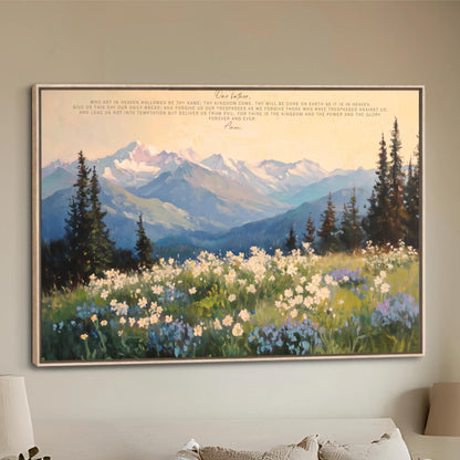 The Lords Prayer Wall Art Framed, Landscape Mountains Flowers, Canvas Print Bible Verse Decor, Religious Inspirational Christian Artwork