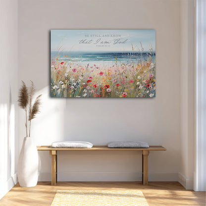 a serene indoor setting with a wooden bench, a white vase, and a painting of a field of flowers hanging on the wall.