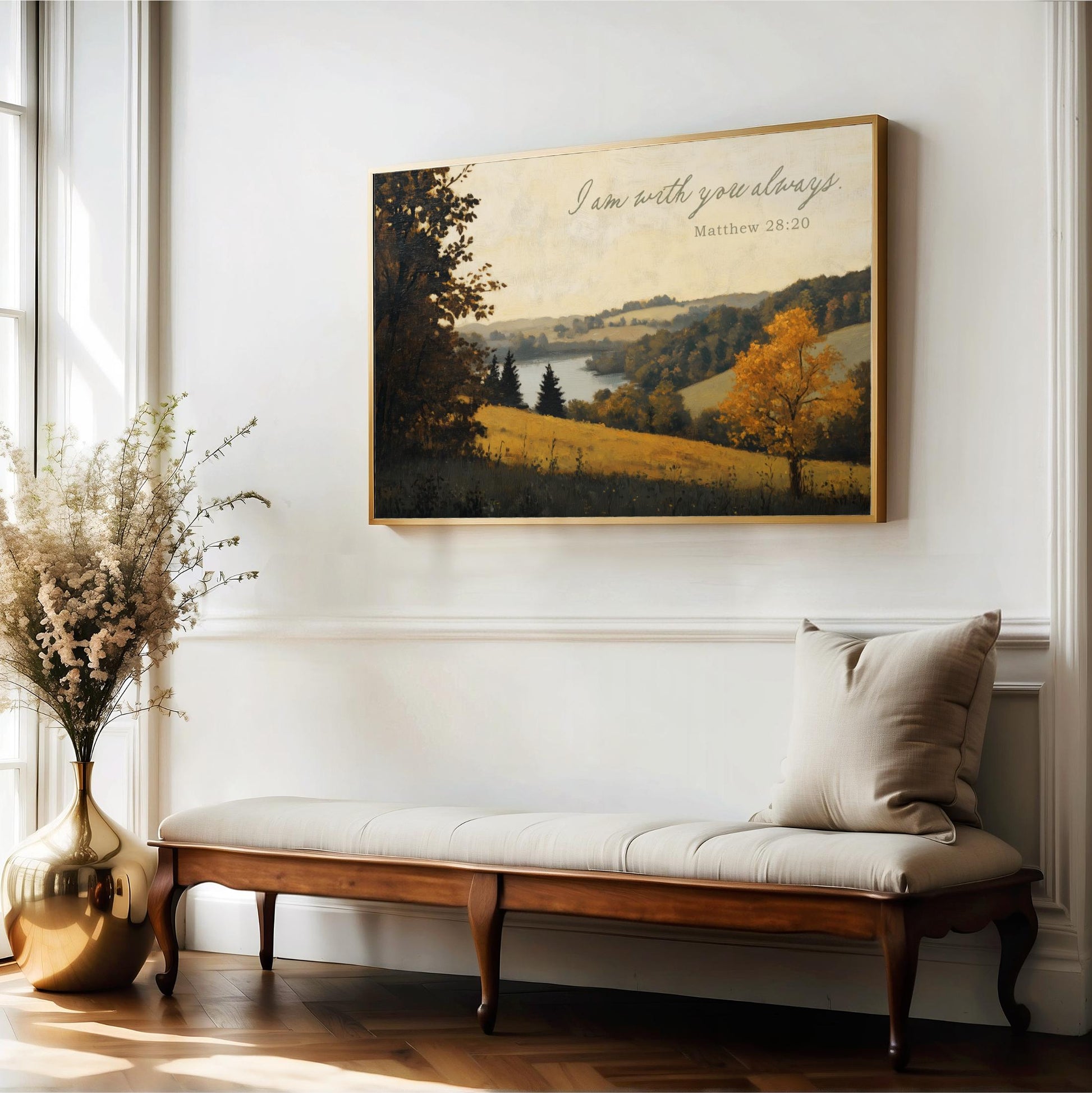 a serene indoor setting with a large painting of a countryside landscape hanging on the wall above a wooden bench. The painting depicts a peaceful scene of trees, grass, and a river, creating a sense of tranquility and connection to nature. The bench is positioned in front of the painting, inviting visitors to sit and enjoy the view. The overall composition of the image is harmonious and visually appealing, with the painting serving as a focal point in the room.
