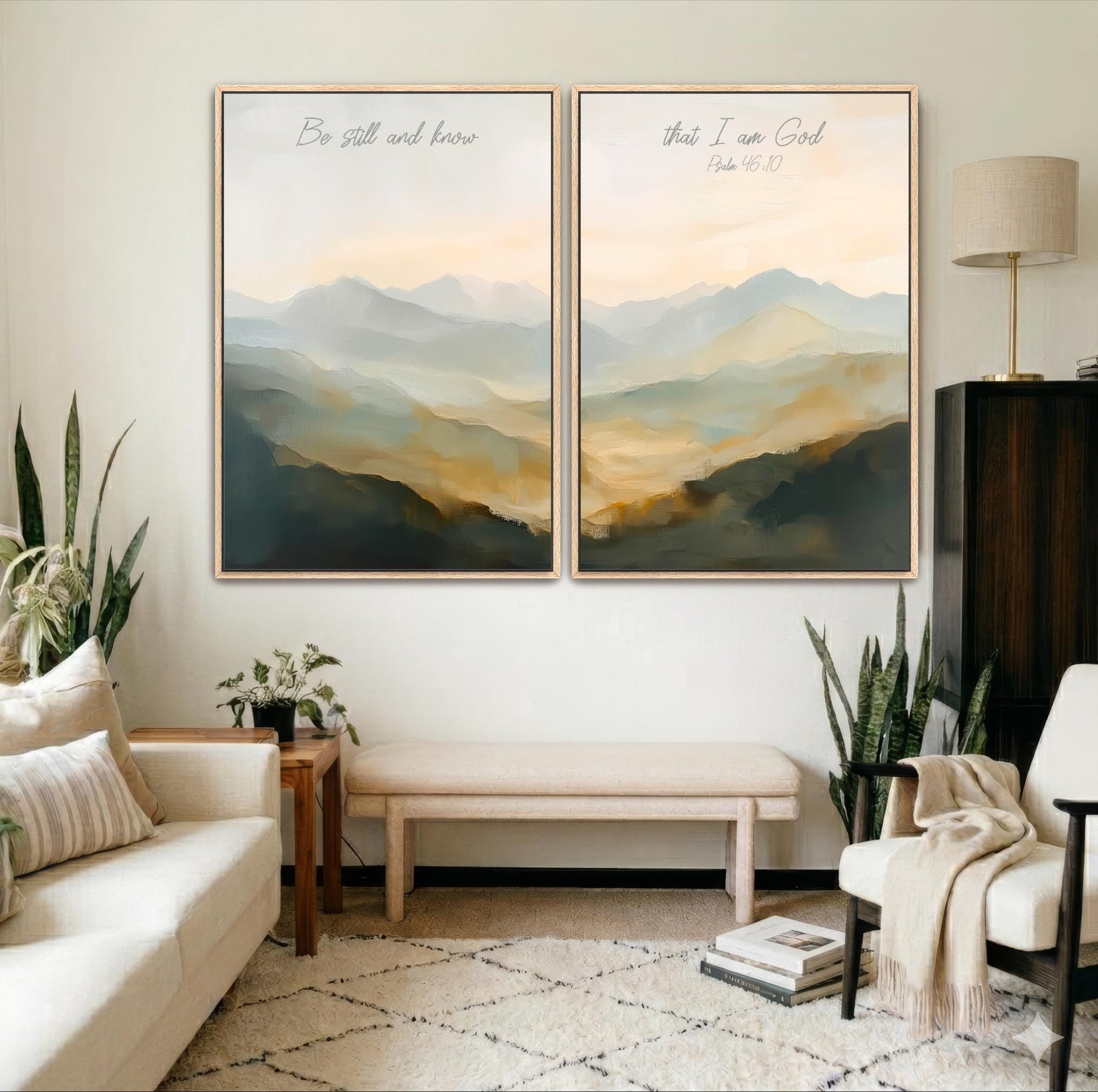 a living room with two large paintings hanging on the wall. The paintings depict a serene landscape with mountains and a sunset. The room is decorated with a white couch, a wooden side table, and a lamp. There are also several potted plants and books in the room, adding to the cozy and inviting atmosphere.