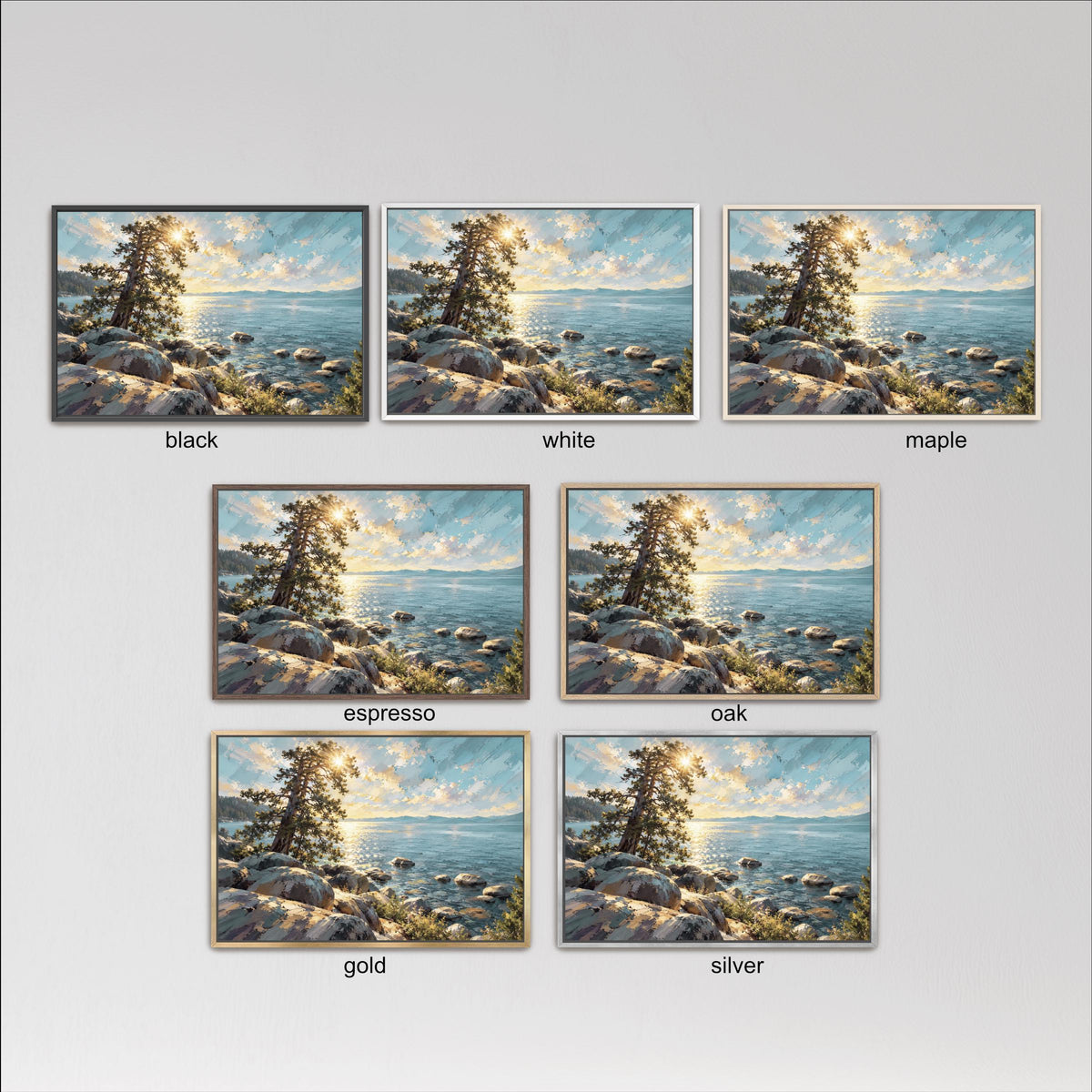 six framed landscape paintings, each with a different color and style, arranged in a grid format.