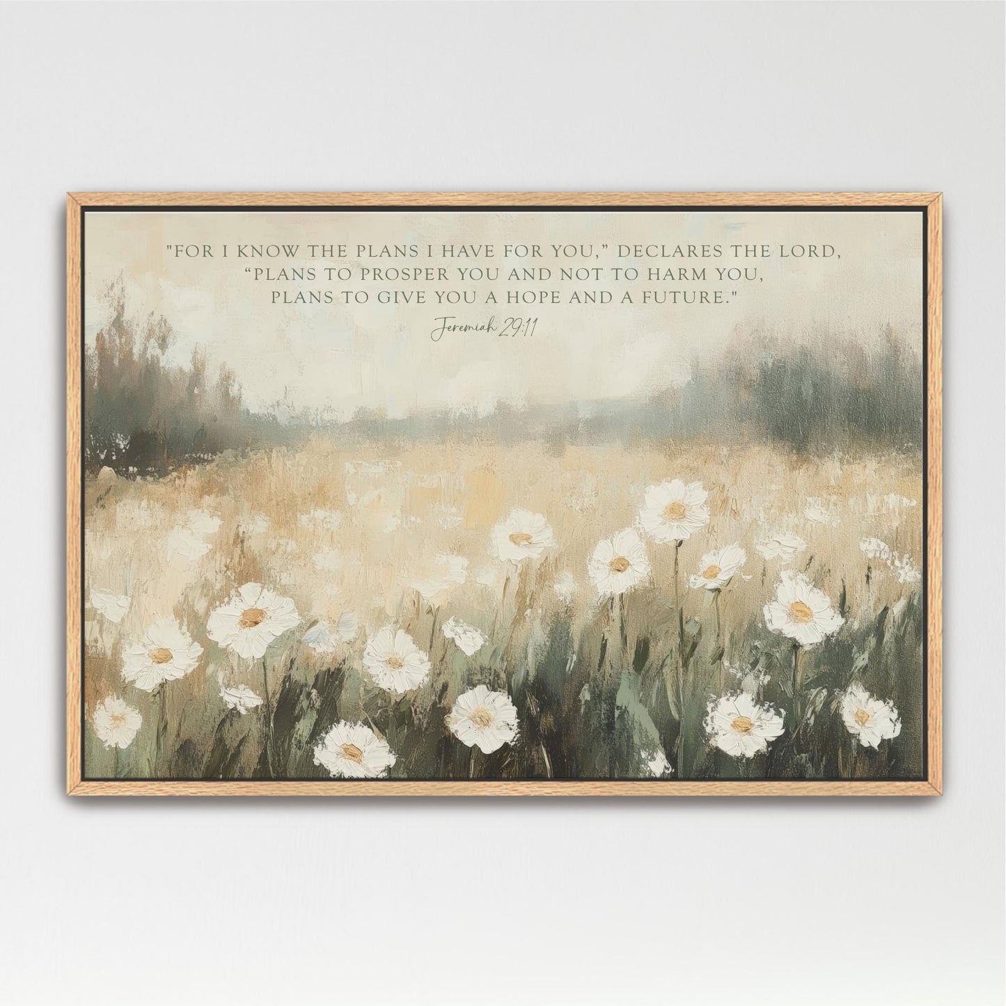 The image is a framed painting depicting a field of white flowers against a blurred natural background.