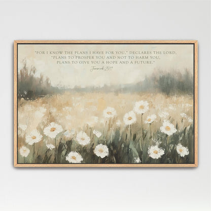 The image is a framed painting depicting a field of white flowers against a blurred natural background.