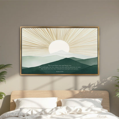 a serene bedroom scene with a bed, a framed landscape painting depicting a sun rising over a mountain range, and a potted plant on the left side of the bed.