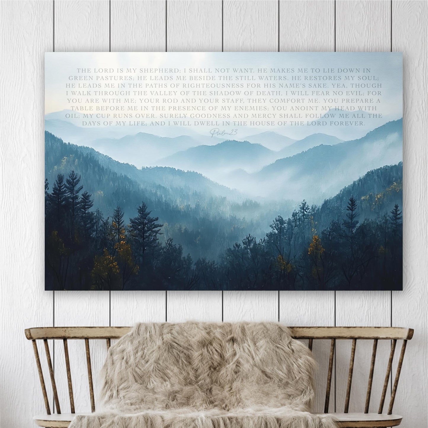 The image is a large canvas print depicting a serene mountain landscape with a forested area and a misty, hazy atmosphere.