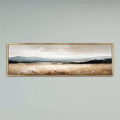 The image is a framed painting depicting a serene landscape with a field of tall grass and wildflowers, set against a backdrop of mountains and a cloudy sky.