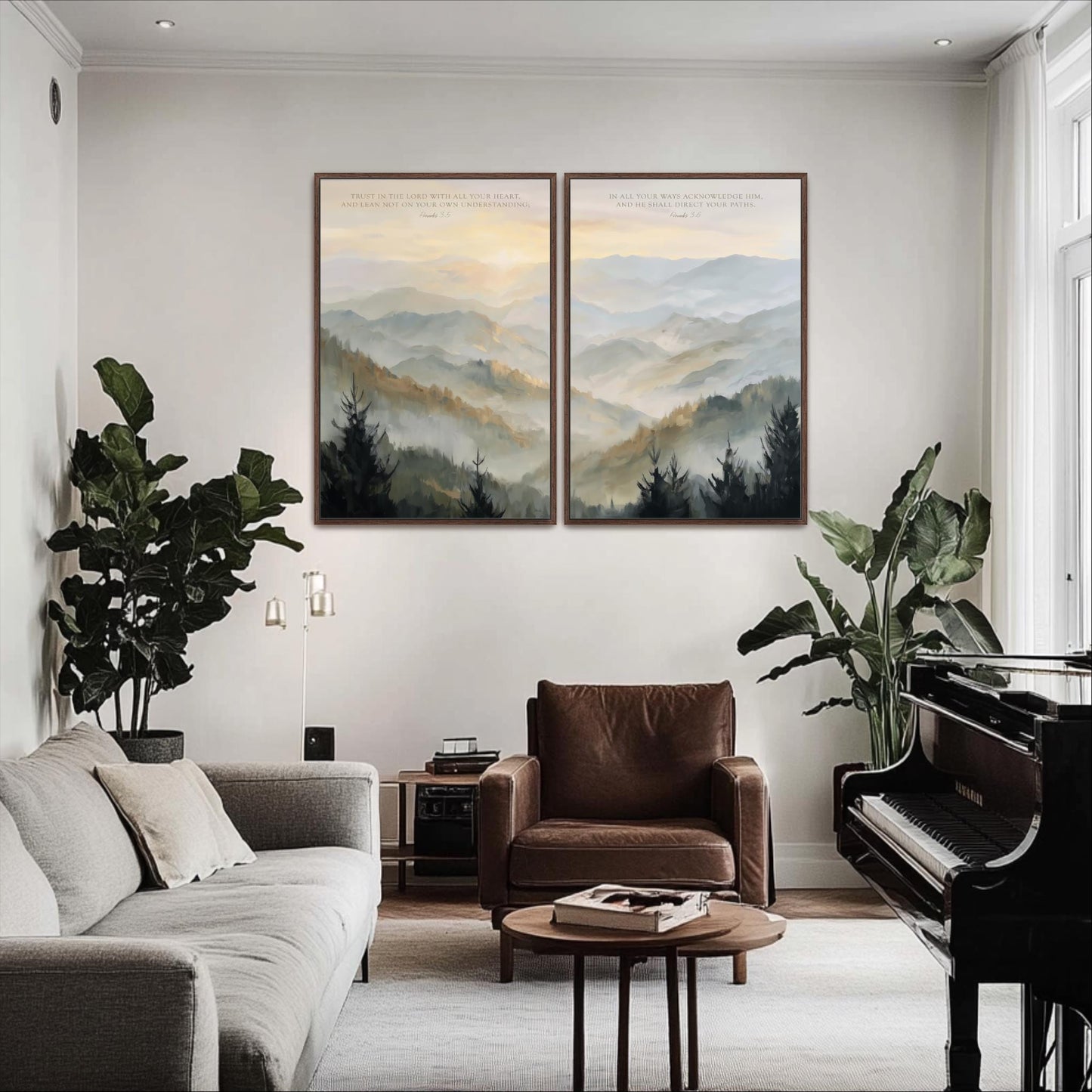 a cozy living room with a gray sofa, a brown leather armchair, and a grand piano. Above the seating area, two framed landscape paintings hang on the wall, depicting a serene mountain scene. The room is decorated with potted plants and a wooden coffee table, creating a warm and inviting atmosphere.