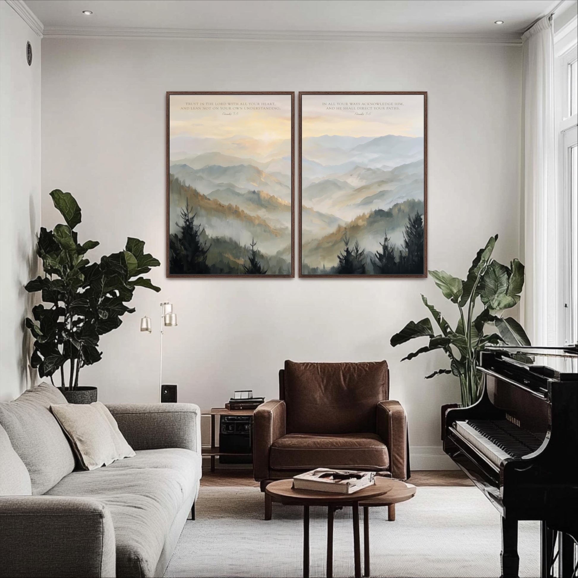 a cozy living room with a gray sofa, a brown leather armchair, and a grand piano. Above the seating area, two framed landscape paintings hang on the wall, depicting a serene mountain scene. The room is decorated with potted plants and a wooden coffee table, creating a warm and inviting atmosphere.