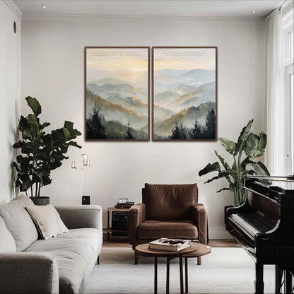 a cozy living room with a gray sofa, a brown leather armchair, and a grand piano. Above the seating area, two framed landscape paintings hang on the wall, depicting a serene mountain scene. The room is decorated with potted plants and a wooden coffee table, creating a warm and inviting atmosphere.
