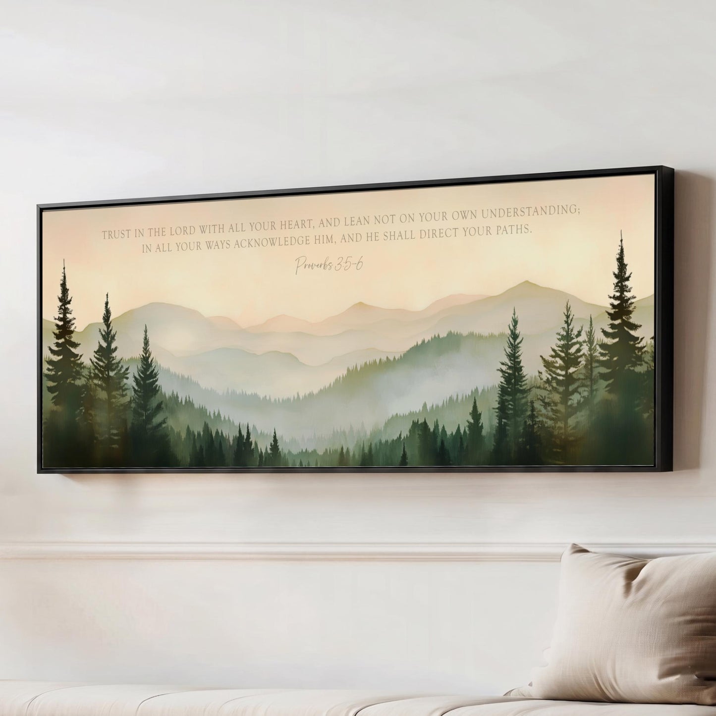 The image is a framed painting of a mountain landscape with pine trees, hanging on a wall.