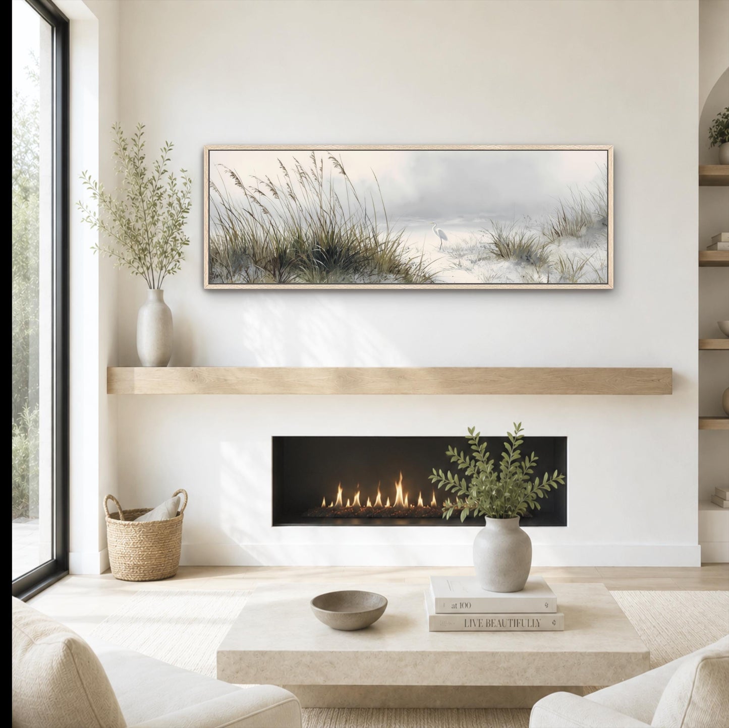 Large Coastal Wall Art, Egret Beach Canvas Print, Dune Grass Landscape, Neutral Coastal Decor, Panoramic Beach House Artwork, Seaside Nature