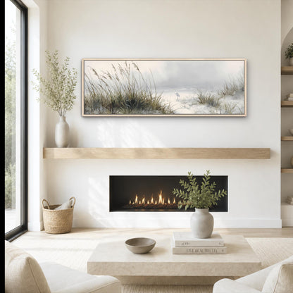 Large Coastal Wall Art, Egret Beach Canvas Print, Dune Grass Landscape, Neutral Coastal Decor, Panoramic Beach House Artwork, Seaside Nature