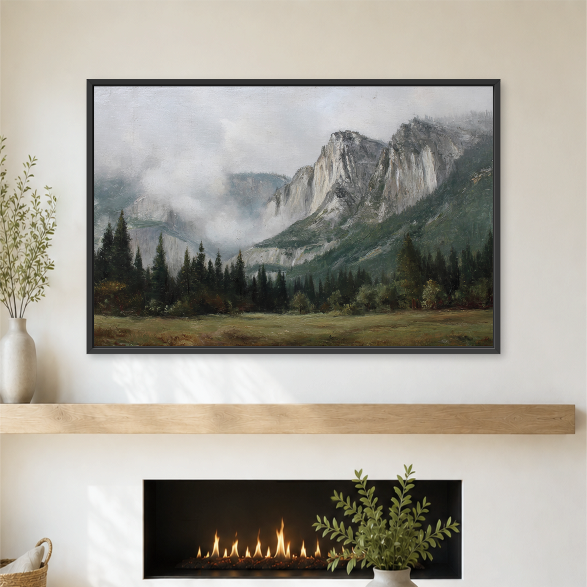 a large landscape painting hanging on a wall above a fireplace, with a potted plant and a vase on a shelf below the painting.
